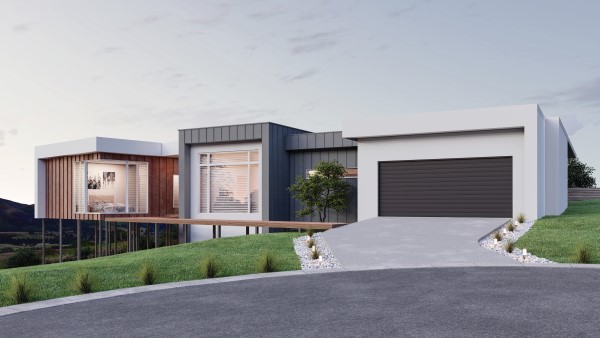 An architecturally designed house featuring sections with different types of cladding in a weathered iron look to the left and a graphite look in the centre